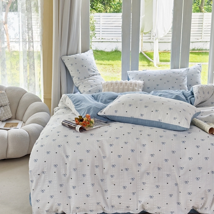 91家纺网 家纺一手货源 找家纺 富之航 2024新款云纱棉四件套现货供应 蓝语