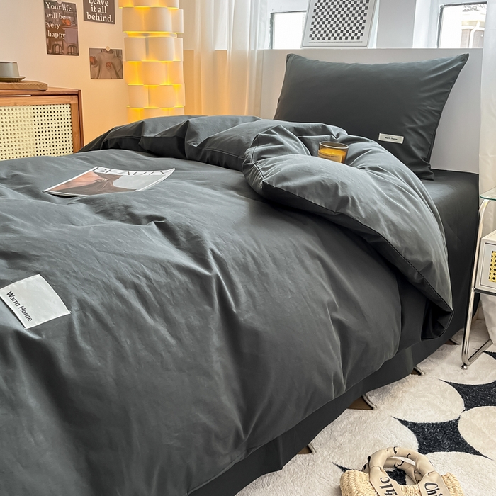 91家纺网 家纺一手货源 找家纺 蓝邻家纺 2024新款纯色水洗棉贴标四件套 高级灰