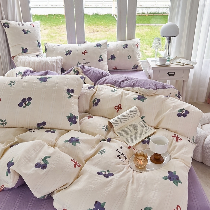 91家纺网 家纺一手货源 找家纺 富之航 2024新款云纱棉四件套现货供应 蓝莓