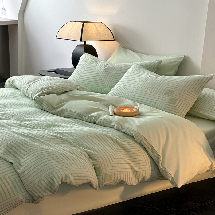 91家纺网 家纺一手货源 找家纺 博雅 2024新款全棉提花三层纱磨毛四件套（上图送2000元货款） 意象空间（绿）