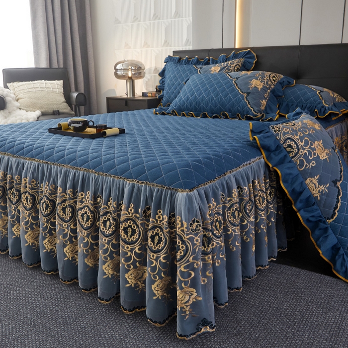 91家纺网 家纺一手货源 找家纺 （总）罗艺轩 2024新款色织蕾丝夹棉床裙三件套-皇家贵族