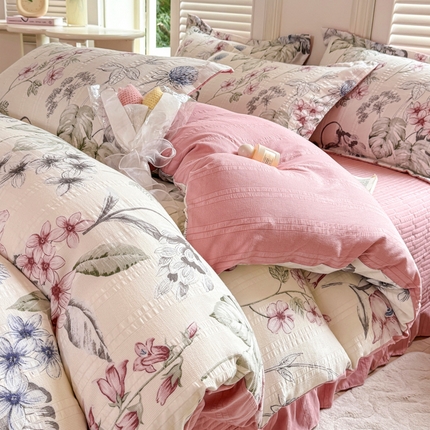 富之航家纺2024爆款提花四件套云彩棉提花床盖四件套素鑫花恋