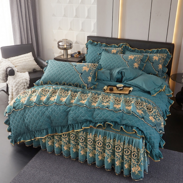 91家纺网 家纺一手货源 找家纺 罗艺轩 2024新款色织蕾丝夹棉床裙款四件套-皇家贵族 皇家贵族-黛绿色