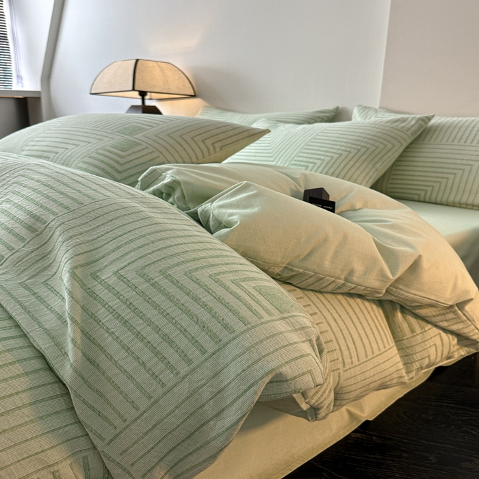 91家纺网 家纺一手货源 找家纺 博雅 2024新款全棉提花三层纱磨毛四件套（上图送2000元货款） 意象空间（绿）