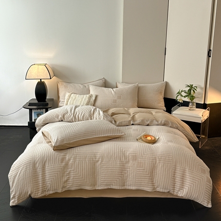 博雅 2024新款全棉提花三层纱磨毛四件套（上图送2000元货款） 意象空间（棕）