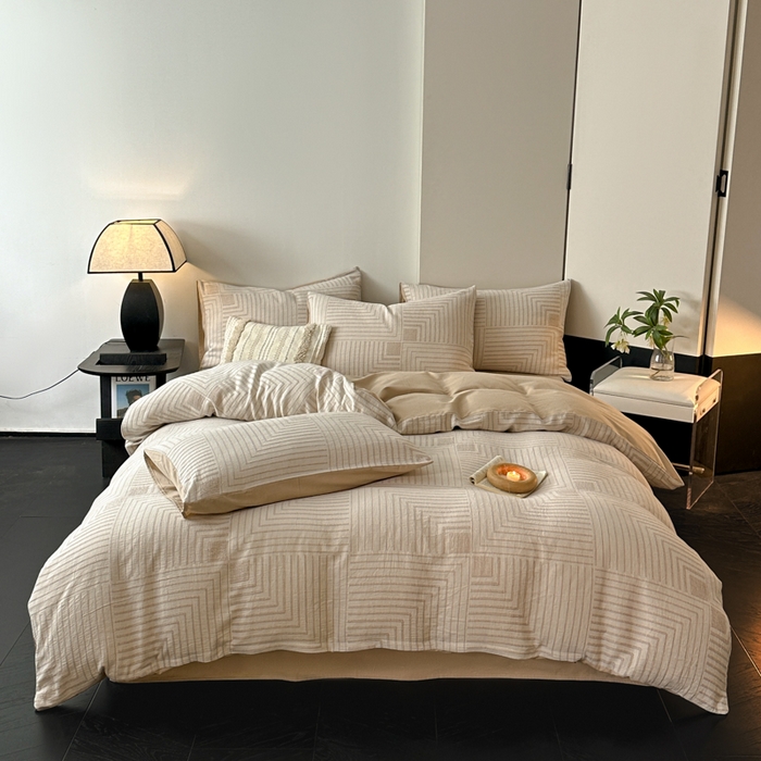 91家纺网 家纺一手货源 找家纺 博雅 2024新款全棉提花三层纱磨毛四件套（上图送2000元货款） 意象空间（棕）