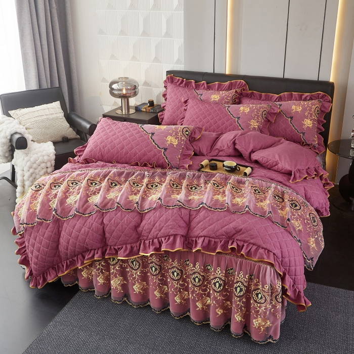 91家纺网 家纺一手货源 找家纺 罗艺轩 2024新款色织蕾丝夹棉床裙款四件套-皇家贵族 皇家贵族-珊瑚红