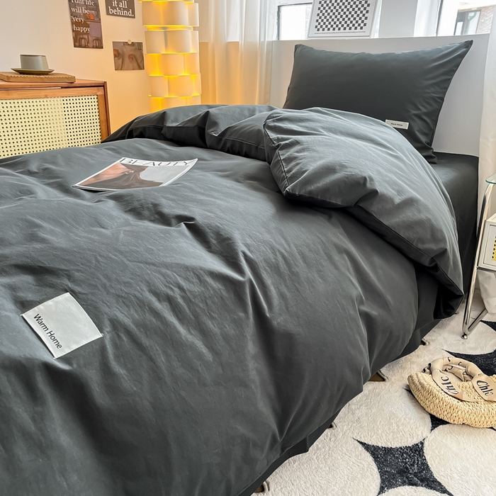 91家纺网 家纺一手货源 找家纺 蓝邻家纺 2024新款纯色水洗棉贴标四件套 高级灰