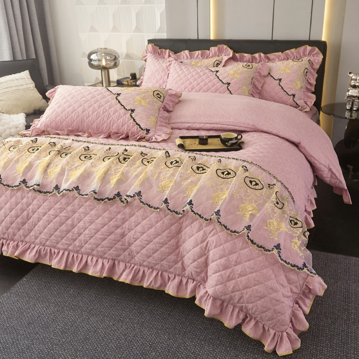 91家纺网 家纺一手货源 找家纺 罗艺轩 2024新款色织蕾丝夹棉床裙款四件套-皇家贵族 皇家贵族-香妃粉