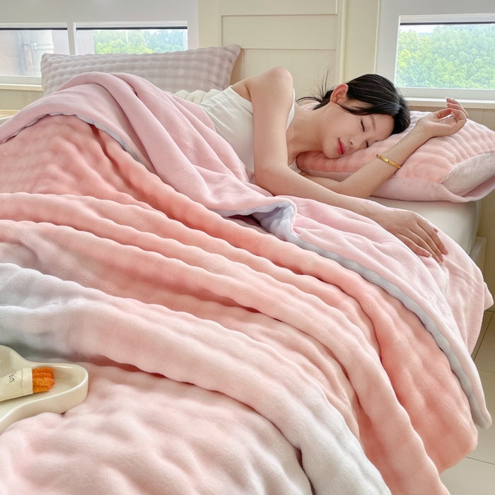 91家纺网 家纺一手货源 找家纺 言熙居家纺 2024新款AB版多功能盖毯被套 泡芙-粉蓝