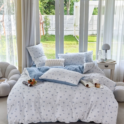 91家纺网 家纺一手货源 找家纺 富之航 2024新款云纱棉四件套现货供应 蓝语