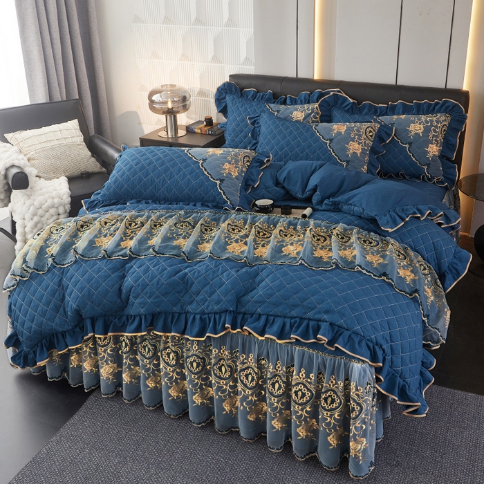 91家纺网 家纺一手货源 找家纺 （总）罗艺轩 2024新款色织蕾丝夹棉床裙款四件套-皇家贵族