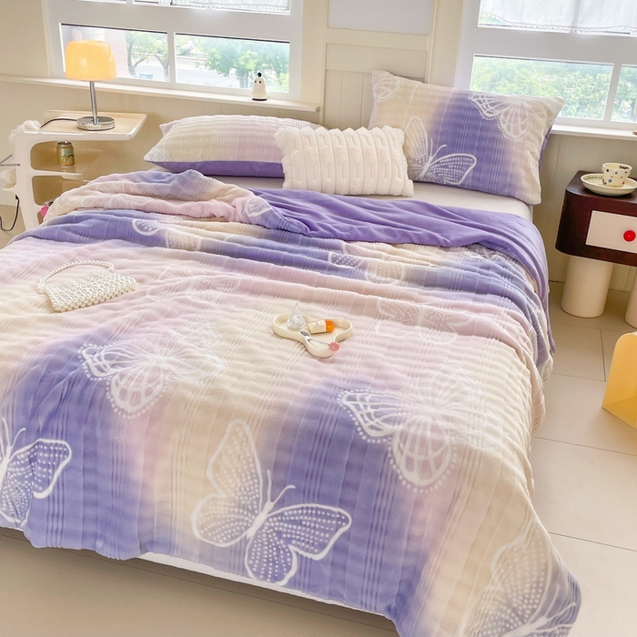 91家纺网 家纺一手货源 找家纺 言熙居家纺 2024新款AB版多功能盖毯被套 蝴蝶-粉紫