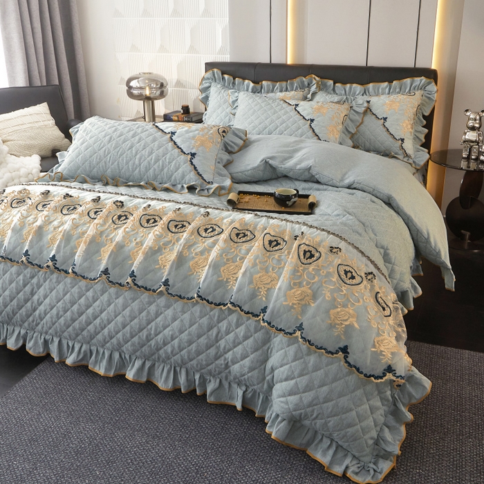 91家纺网 家纺一手货源 找家纺 罗艺轩 2024新款色织蕾丝夹棉床裙款四件套-皇家贵族 皇家贵族-石青色