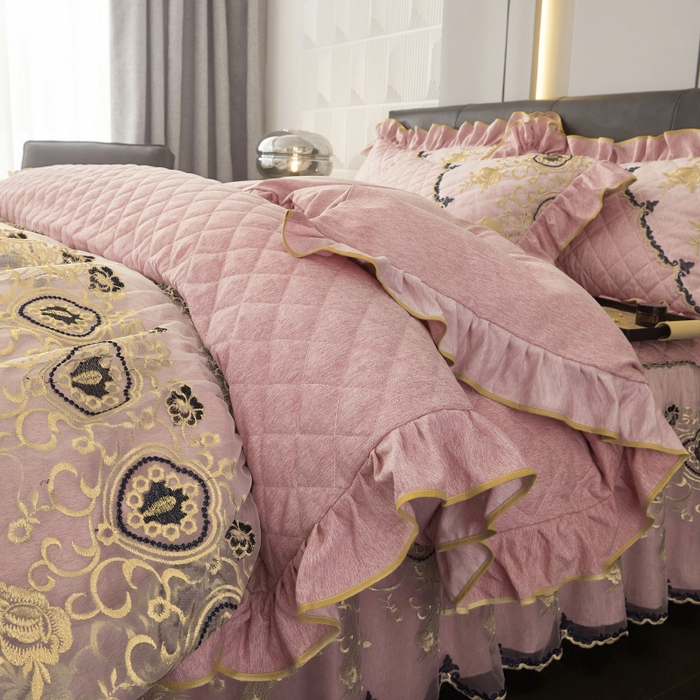 91家纺网 家纺一手货源 找家纺 罗艺轩 2024新款色织蕾丝夹棉床裙款四件套-皇家贵族 皇家贵族-香妃粉