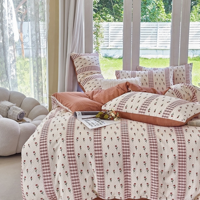 91家纺网 家纺一手货源 找家纺 富之航 2024新款云纱棉四件套现货供应 复古玫瑰