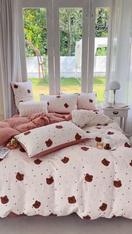 91家纺网 家纺一手货源 找家纺 富之航 2024新款云纱棉四件套现货供应 波点小熊