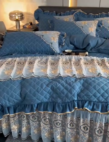 91家纺网 家纺一手货源 找家纺 （总）罗艺轩 2024新款色织蕾丝夹棉床裙款四件套-皇家贵族