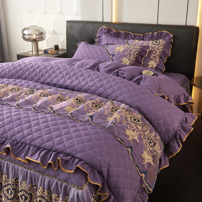 91家纺网 家纺一手货源 找家纺 罗艺轩 2024新款色织蕾丝夹棉床裙款四件套-皇家贵族 皇家贵族-魅力紫