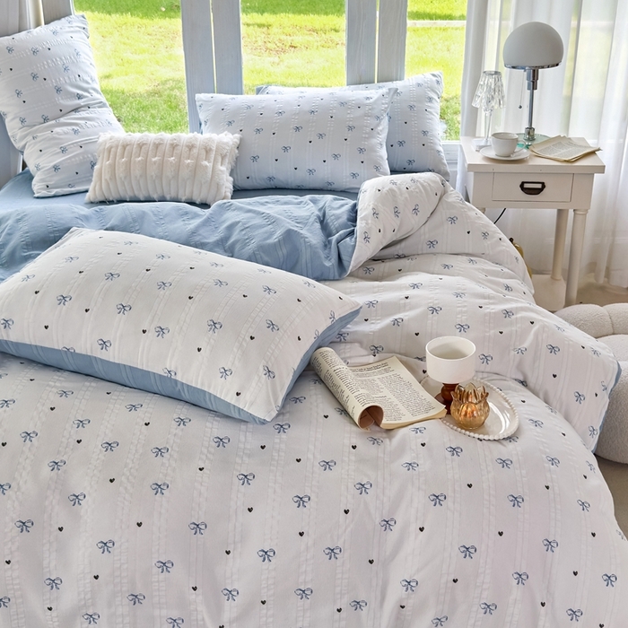 91家纺网 家纺一手货源 找家纺 富之航 2024新款云纱棉四件套现货供应 蓝语