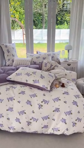 91家纺网 家纺一手货源 找家纺 富之航 2024新款云纱棉四件套现货供应 蓝莓