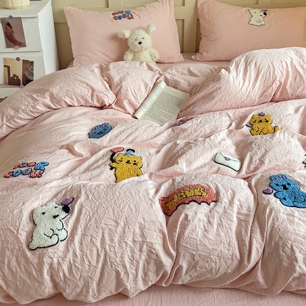 韩巢家纺 2024新款四季通用超柔水洗棉毛巾绣四件套-动物乐园系列（提供卖家秀） 动物乐园浅粉