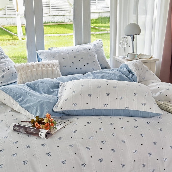 91家纺网 家纺一手货源 找家纺 富之航 2024新款云纱棉四件套现货供应 蓝语