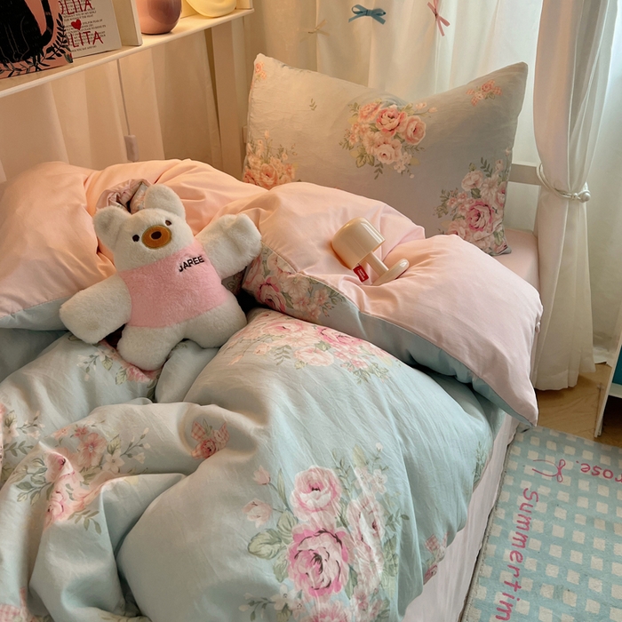 91家纺网 家纺一手货源 找家纺 繁花 2024新款亲肤水洗棉学生宿舍三件套四件套 粉粉蔷薇