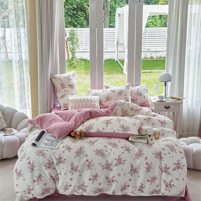 91家纺网 家纺一手货源 找家纺 富之航 2024新款云纱棉四件套现货供应 花枝江