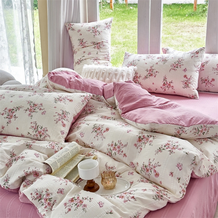 91家纺网 家纺一手货源 找家纺 富之航 2024新款云纱棉四件套现货供应 花枝江