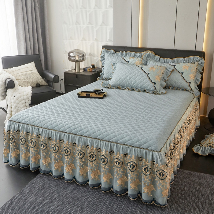 91家纺网 家纺一手货源 找家纺 罗艺轩 2024新款色织蕾丝夹棉床裙三件套-皇家贵族 皇家贵族-石青色