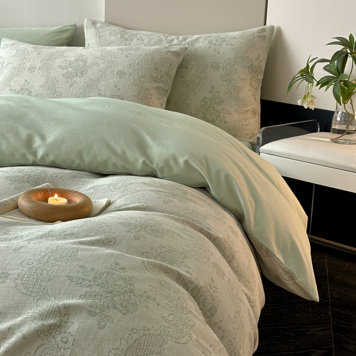 91家纺网 家纺一手货源 找家纺 博雅 2024新款全棉提花三层纱磨毛四件套（上图送2000元货款） 玫瑰面纱（绿）