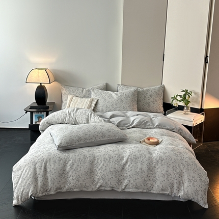 博雅 2024新款全棉提花三层纱磨毛四件套（上图送2000元货款） 洛丽塔（灰）