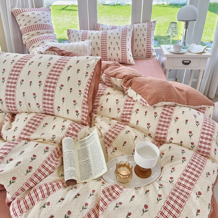 91家纺网 家纺一手货源 找家纺 富之航 2024新款云纱棉四件套现货供应 复古玫瑰