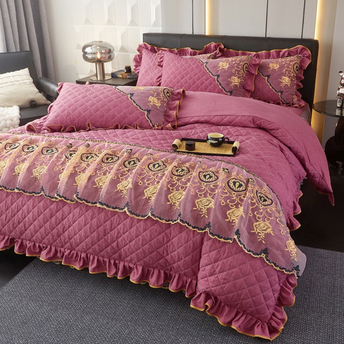 91家纺网 家纺一手货源 找家纺 罗艺轩 2024新款色织蕾丝夹棉床裙款四件套-皇家贵族 皇家贵族-珊瑚红