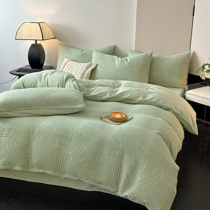 91家纺网 家纺一手货源 找家纺 博雅 2024新款全棉提花三层纱磨毛四件套（上图送2000元货款） 西西里（绿）