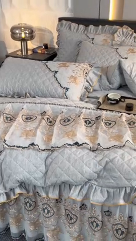 91家纺网 家纺一手货源 找家纺 罗艺轩 2024新款色织蕾丝夹棉床裙款四件套-皇家贵族 皇家贵族-石青色