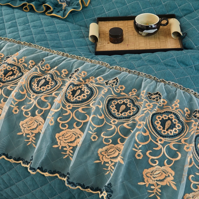 91家纺网 家纺一手货源 找家纺 罗艺轩 2024新款色织蕾丝夹棉床裙款四件套-皇家贵族 皇家贵族-黛绿色