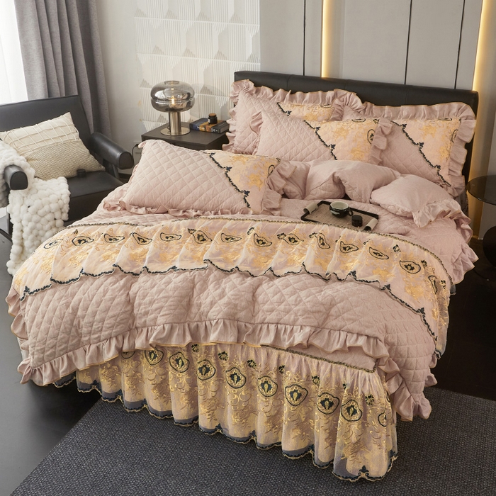 91家纺网 家纺一手货源 找家纺 罗艺轩 2024新款色织蕾丝夹棉床裙款四件套-皇家贵族 皇家贵族-奶茶色