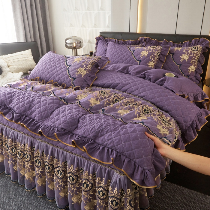 91家纺网 家纺一手货源 找家纺 罗艺轩 2024新款色织蕾丝夹棉床裙款四件套-皇家贵族 皇家贵族-魅力紫