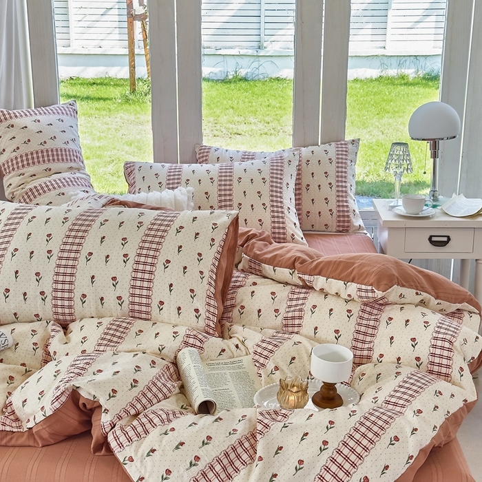 91家纺网 家纺一手货源 找家纺 富之航 2024新款云纱棉四件套现货供应 复古玫瑰