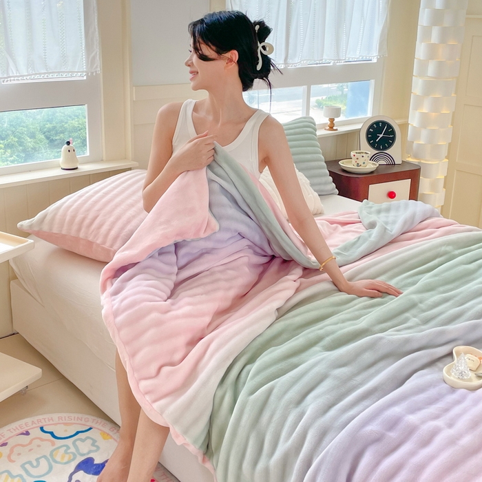 91家纺网 家纺一手货源 找家纺 言熙居家纺 2024新款AB版多功能盖毯被套 泡芙-粉绿