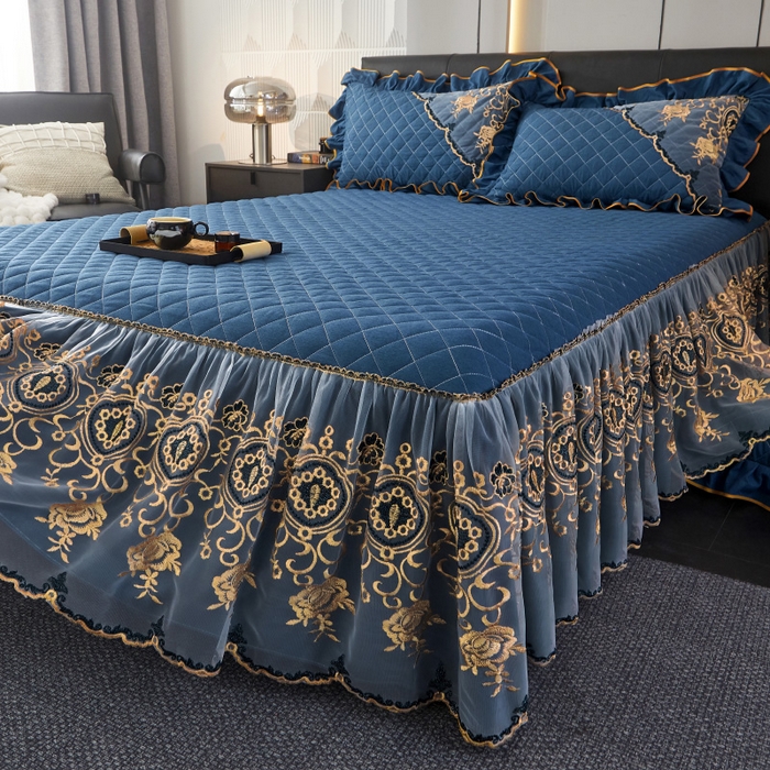 91家纺网 家纺一手货源 找家纺 （总）罗艺轩 2024新款色织蕾丝夹棉床裙三件套-皇家贵族