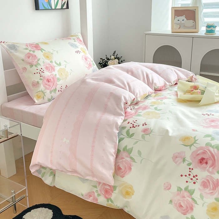 91家纺网 家纺一手货源 找家纺 蓝邻家纺 2024新款小清新印花全棉四件套学生宿舍三件套 筱薇