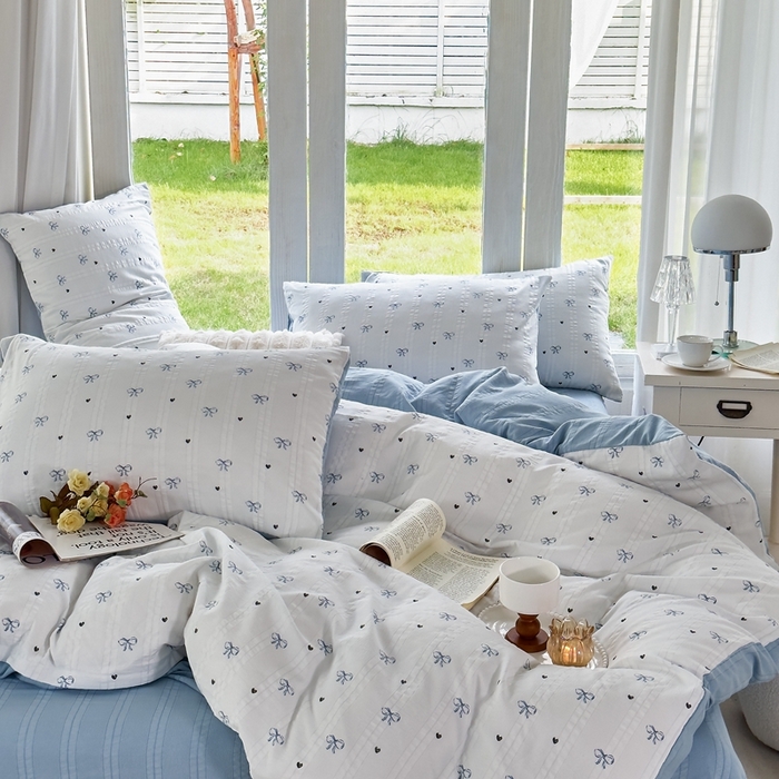 91家纺网 家纺一手货源 找家纺 富之航 2024新款云纱棉四件套现货供应 蓝语