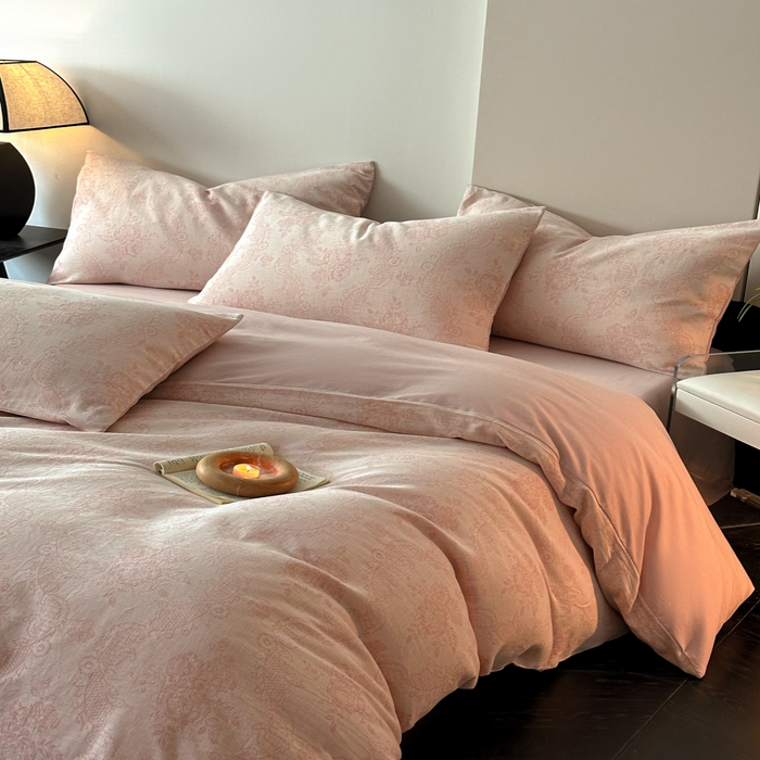 91家纺网 家纺一手货源 找家纺 博雅 2024新款全棉提花三层纱磨毛四件套（上图送2000元货款） 玫瑰面纱（粉）