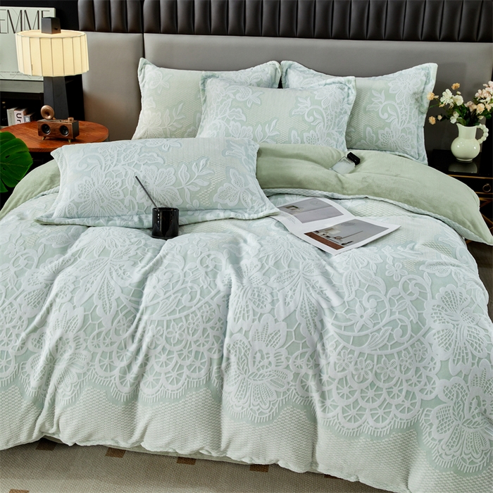 91家纺网 家纺一手货源 找家纺 2024新款A类8斤雕花绒牛奶绒四件套 蔷薇花语-绿