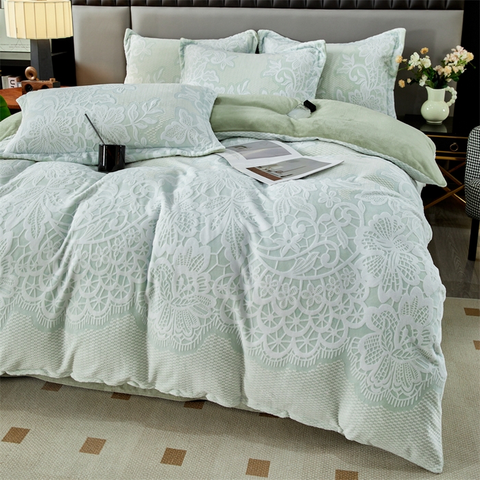 91家纺网 家纺一手货源 找家纺 2024新款A类8斤雕花绒牛奶绒四件套 蔷薇花语-绿