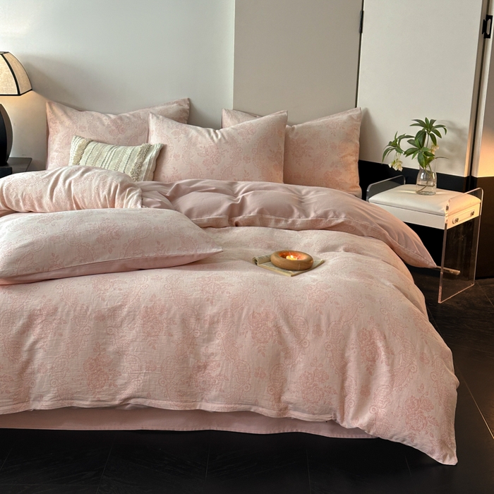 91家纺网 家纺一手货源 找家纺 博雅 2024新款全棉提花三层纱磨毛四件套（上图送2000元货款） 玫瑰面纱（粉）