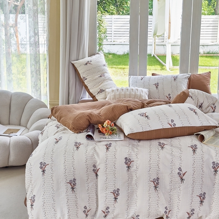 91家纺网 家纺一手货源 找家纺 富之航 2024新款云纱棉四件套现货供应 花艺咖